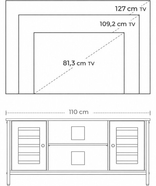 TV-szekrény lamellás ajtókkal, állítható polccal és tárolórekeszekkel, 110 x 40 x 50 cm, rusztikus barna/fekete