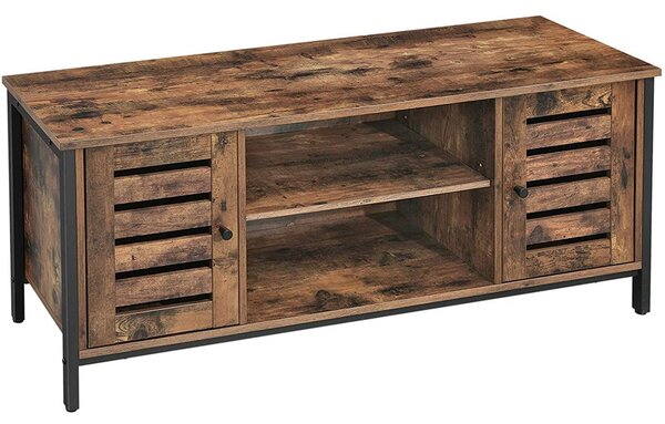 TV-szekrény lamellás ajtókkal, állítható polccal és tárolórekeszekkel, 110 x 40 x 50 cm, rusztikus barna/fekete