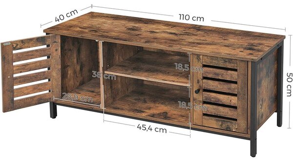 TV-szekrény lamellás ajtókkal, állítható polccal és tárolórekeszekkel, 110 x 40 x 50 cm, rusztikus barna/fekete