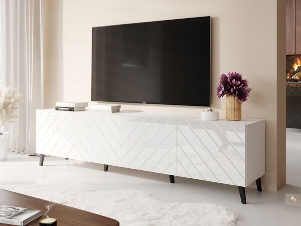 TV-állvány Charlotte 145, Közepes sűrűségű farostlemez, Laminált forgácslap, 52x200x42cm, Fényes fehér, Fehér
