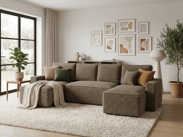 Kinyitható U alakú ülőgarnitúra SMART BOUCLE 303x143 cm, sötét bézs