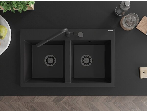 Mexen Hektor, 2 kamrás gránit mosogató 800x480x205 mm, fekete, grafit szifon, 6521802000-77-B