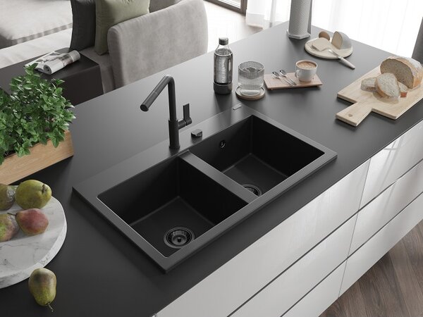 Mexen Hektor, 2 kamrás gránit mosogató 800x480x205 mm, fekete, grafit szifon, 6521802000-77-B