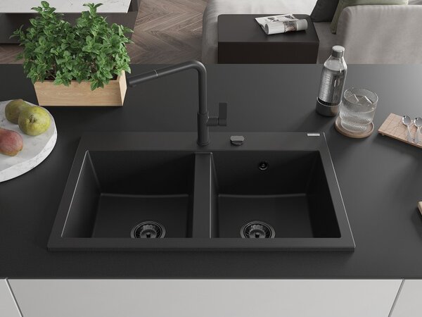 Mexen Hektor, 2 kamrás gránit mosogató 800x480x205 mm, fekete, grafit szifon, 6521802000-77-B