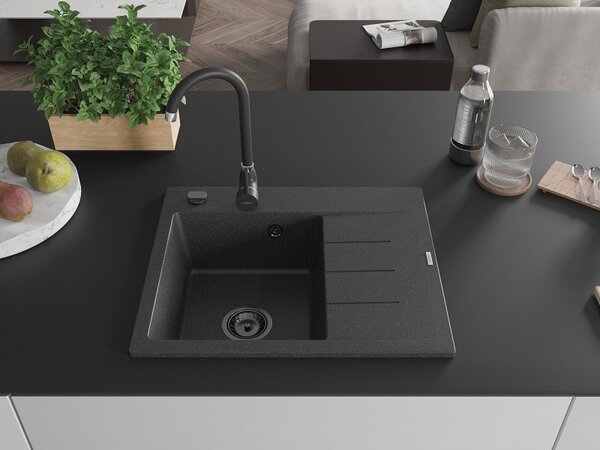 Mexen Ben, 1 kamrás gránit mosogató 600x500x190 mm, bal + fekete szifon, fekete foltos, 6522605000-76-B