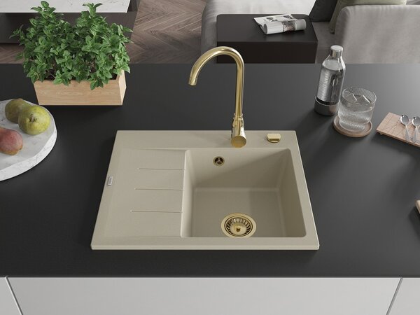 Mexen Ben, 1 kamrás gránit mosogató 600x500x190 mm, jobb + arany szifon, bézs, 6523605000-69-G