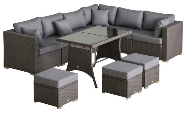 Outsunny Kerti bútor szett rattan hatású kivitelben, 10 részes ülő- és hátpárnákkal, rozsdamentes fém vázzal, sötétszürke