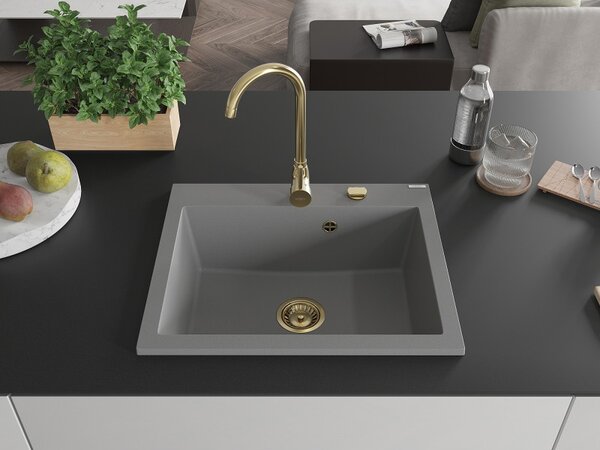 Mexen Elix, 1 rekeszes gránit mosogató 600 x 500 mm, szürke, arany szifon - 6525601005-71-G