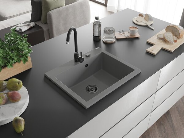 Mexen Elix, 1 rekeszes gránit mosogató 600 x 500 mm, szürke, fekete szifonnal - 6525601005-71-B