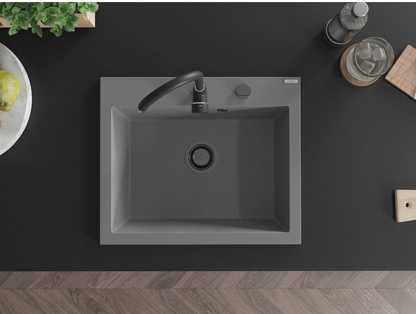 Mexen Elix, 1 rekeszes gránit mosogató 600 x 500 mm, szürke, fekete szifonnal - 6525601005-71-B