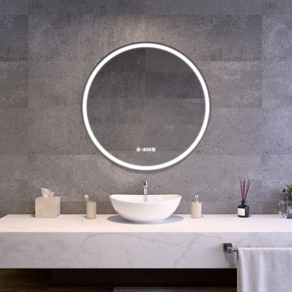 Kerek Led tükör fekete kerettel Ø80cm | Páramentesítő - Óra - Fényerő + színhőfok állítás | Welland 6511