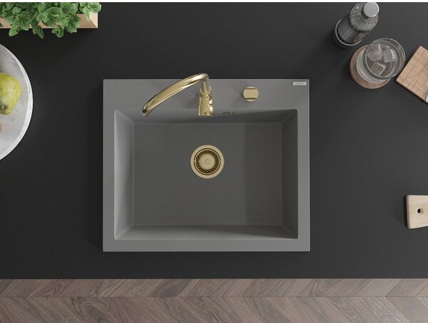 Mexen Elix, 1 rekeszes gránit mosogató 600 x 500 mm, szürke, arany szifon - 6525601005-71-G
