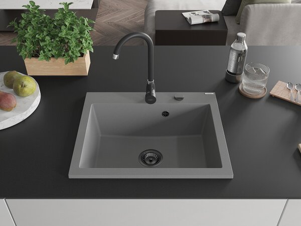 Mexen Elix, 1 rekeszes gránit mosogató 600 x 500 mm, szürke, fekete szifonnal - 6525601005-71-B