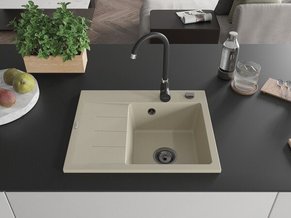 Mexen Ben, 1 kamrás gránit mosogató 600x500x190 mm, jobb + fekete szifon, bézs, 6523605000-69-B