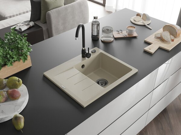 Mexen Ben, 1 kamrás gránit mosogató 600x500x190 mm, jobb + fekete szifon, bézs, 6523605000-69-B