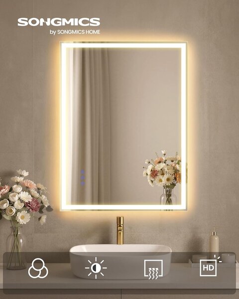 SONGMICS LED-es fürdőszobai tükör, 71x51 cm, páramentesítő funkció, fehér