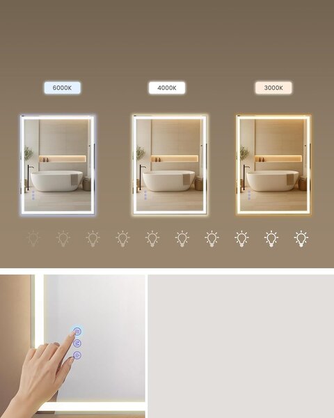 SONGMICS LED-es fürdőszobai tükör, 71x51 cm, páramentesítő funkció, fehér
