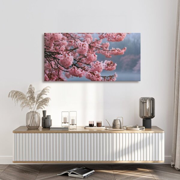 Kép virágzó sakura nyugodt víz felett
