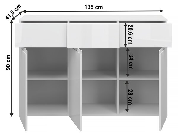 KONDELA Komód 3D3S, fehér/fehér extra magas fényű HG, JOLK