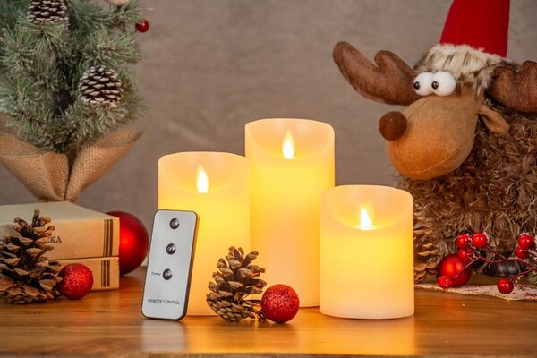 Gyertyák MagicHome Vianoce, szett 3 db, LED, 3xAAA, valódi viasz, egyszerű világítás, időzítő, mozgó