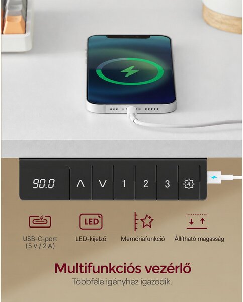 VASAGLE elektromos állítható íróasztal, 120x60 cm, memória funkció, fehér, cserélhető állítható lábakkal és görgőkkel