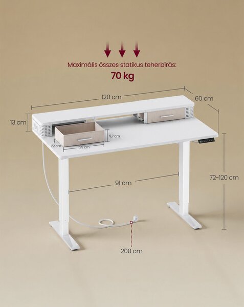 VASAGLE elektromos állítható íróasztal, 120x60 cm, memória funkció, fehér, cserélhető állítható lábakkal és görgőkkel