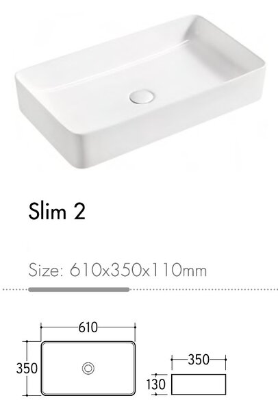 Eros SLIM 2 - PULTRA ültethető - Top Counter - porcelán mosdó - 61 x 35 x 11 cm