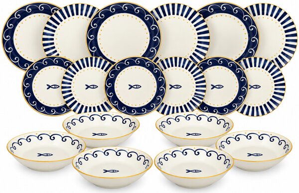 Tognana Sardinia Madison 18 részes porcelán étkészlet 6 személyes kék-fehér mediterrán mintás