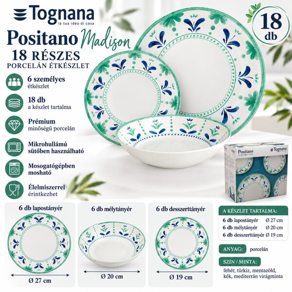 Tognana Positano Madison 18 részes porcelán 6 személyes étkészlet türkiz-kék virágmintás