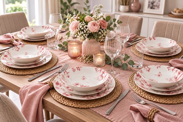 Tognana Moon Vie en Rose 18 részes porcelán étkészlet 6 személyes rózsaszín virág- és pillangómintás