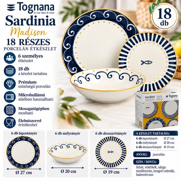 Tognana Sardinia Madison 18 részes porcelán étkészlet 6 személyes kék-fehér mediterrán mintás