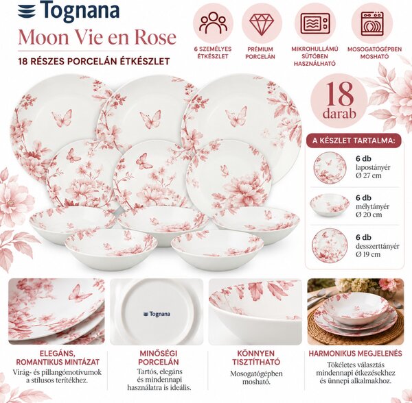 Tognana Moon Vie en Rose 18 részes porcelán étkészlet 6 személyes rózsaszín virág- és pillangómintás