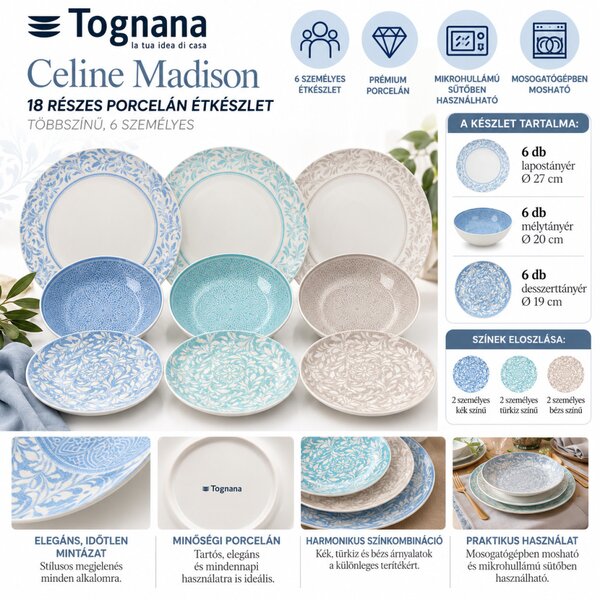 Tognana Celine Madison 18 részes porcelán étkészlet 6 személyes többszínű mintás