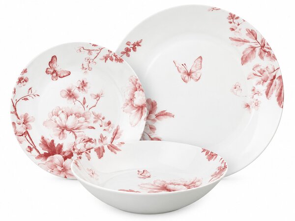 Tognana Moon Vie en Rose 18 részes porcelán étkészlet 6 személyes rózsaszín virág- és pillangómintás