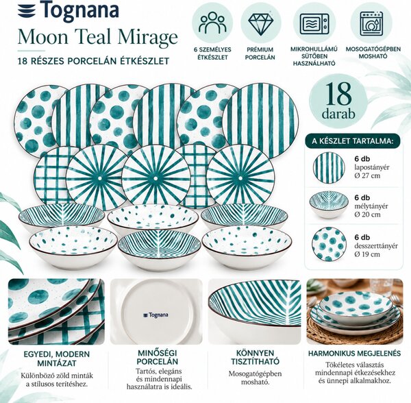 Tognana Moon Teal Mirage 18 részes porcelán étkészlet 6 személyes zöld mintás