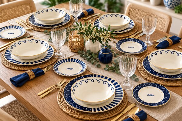 Tognana Sardinia Madison 18 részes porcelán étkészlet 6 személyes kék-fehér mediterrán mintás