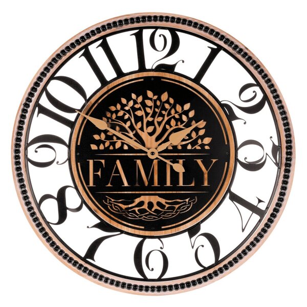 Falióra 60 cm átmérő fa és fém életfa mintával Family felirattal
