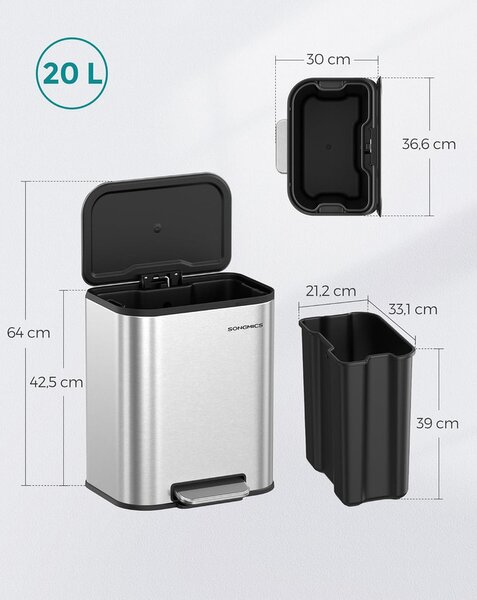 Konyhai szemetes, 20 literes pedálos kuka belső vödörrel, fedéllel, acél