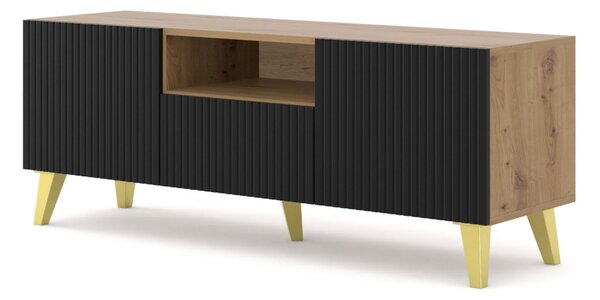 RAVENNA TV-állvány 150 cm, matt fekete ajtókkal, artisan tölgy színű korpusszal, 2 ajtóval és 1 fiókkal