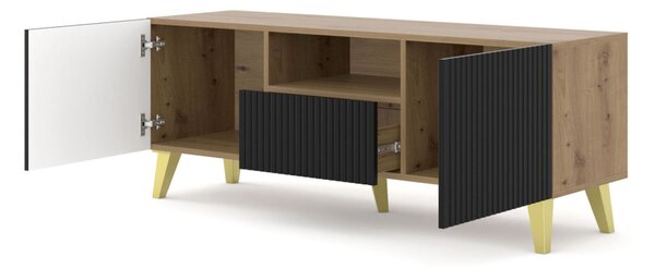 RAVENNA TV-állvány 150 cm, matt fekete ajtókkal, artisan tölgy színű korpusszal, 2 ajtóval és 1 fiókkal