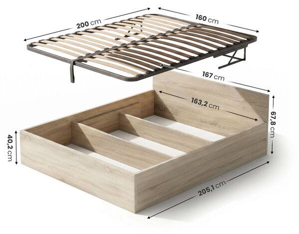 AKORD Sonoma Ágy 160x200 cm Felnyitható Fém Ágyrács Laminált Dió Sonoma