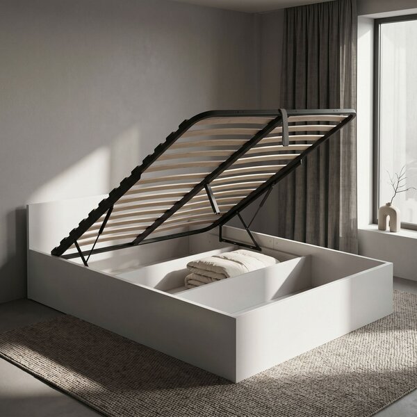 AKORD Furniture Factory 140x200 cm ágy felhúzható fém ráccsal fehér laminált