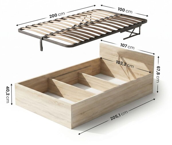 AKORD Sonoma Tölgy 100x200 cm Egyszemélyes Ágy Fémráccsal és Ágyneműtartóval