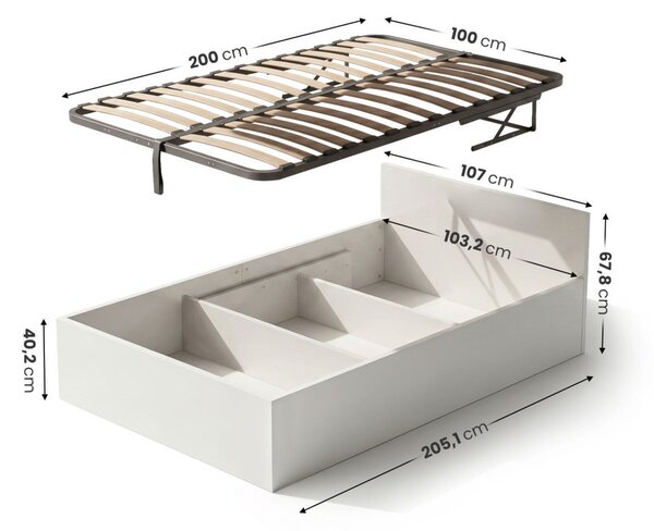 AKORD Furniture Factory 100x200 cm ágy fémráccsal és felnyitható tárolóval fehér
