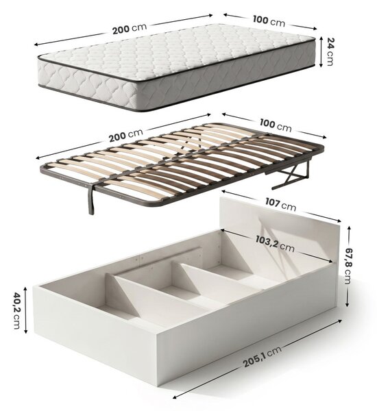 AKORD Furniture Factory 100x200 cm Egyszemélyes Ágy Fém Emelőráccsal és Rugós Matraccal Fehér