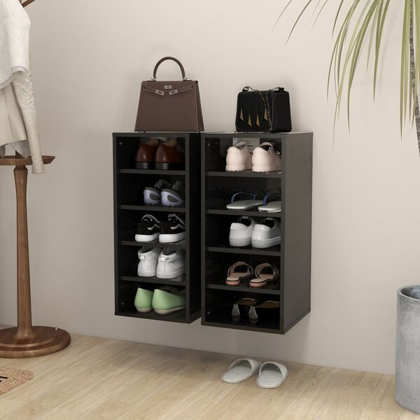 2 db magasfényű fekete forgácslap cipősszekrény 31,5x35x70 cm (808996)