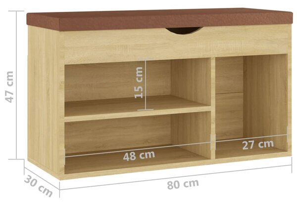 Sonoma tölgy forgácslap cipőtároló pad párnával 80 x 30 x 47 cm (326762)