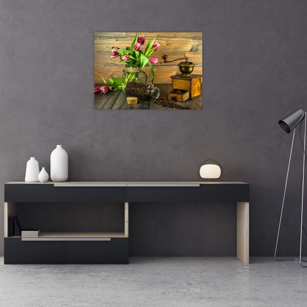Tulipánok, daráló és kávé képe (70x50 cm)