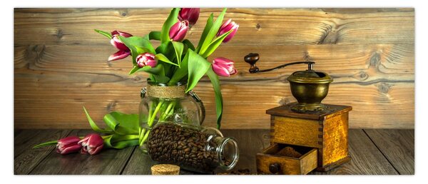 Tulipánok, daráló és kávé képe (120x50 cm)