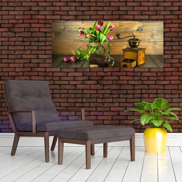 Tulipánok, daráló és kávé képe (120x50 cm)